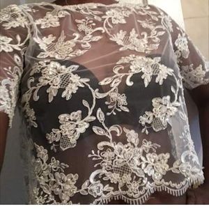 White Sequin Lace Crop Top Shirt
